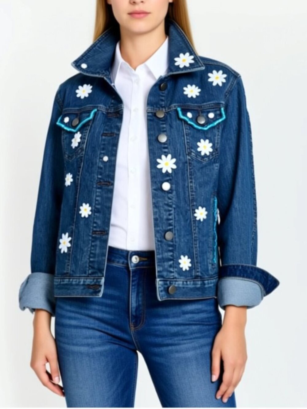 Loft Jean jacket Size M, embellished with beads and sunflowers